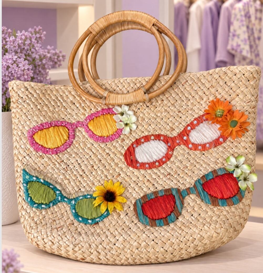 Embroidered Sunglasses Straw Tote Bag Round Bamboo Handles Green Gingham Lined